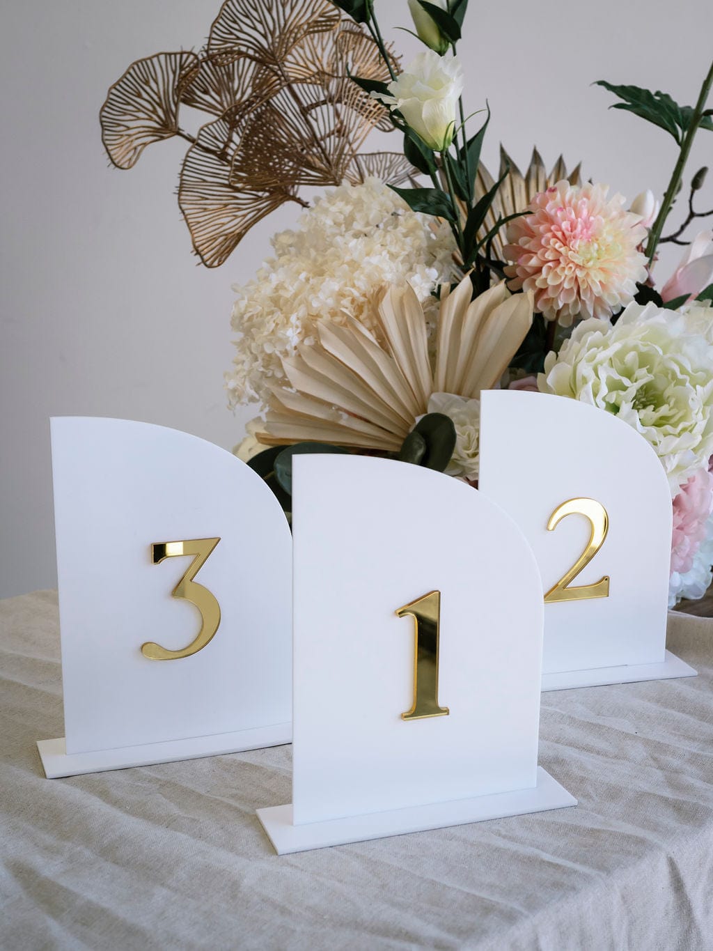 Ivory and Ink Weddings Hire White & Gold Acrylic Table Numbers