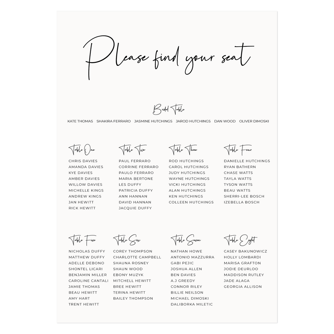 Ivory and Ink Weddings Seating Chart CHLOE Seating Chart