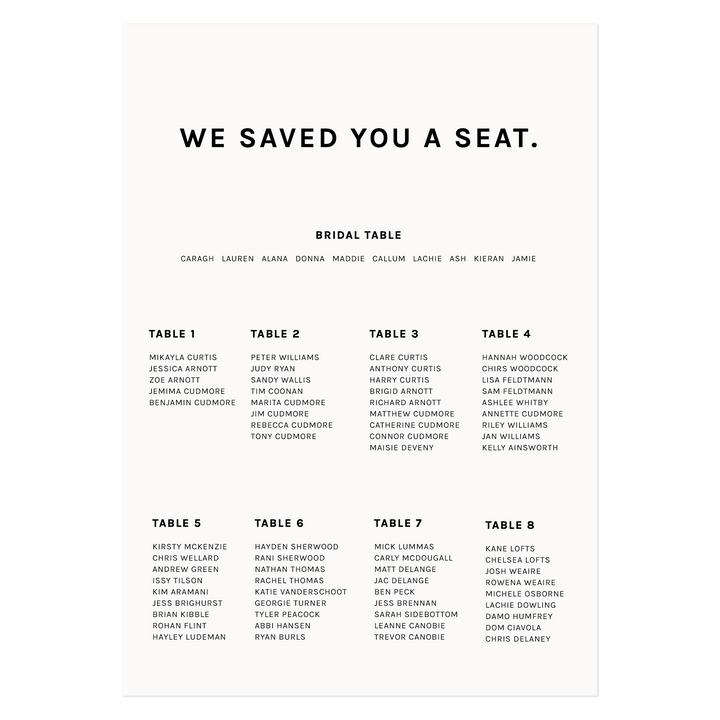 Ivory and Ink Weddings Seating Chart FIONA Seating Chart