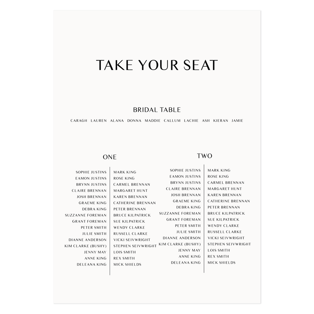 Ivory and Ink Weddings Seating Chart JANE Seating Chart