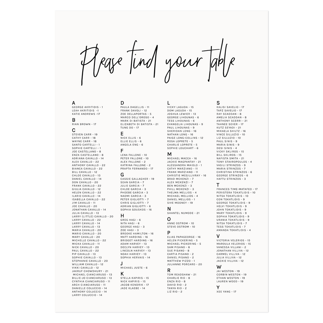 Ivory and Ink Weddings Seating Chart JESSICA Seating Chart